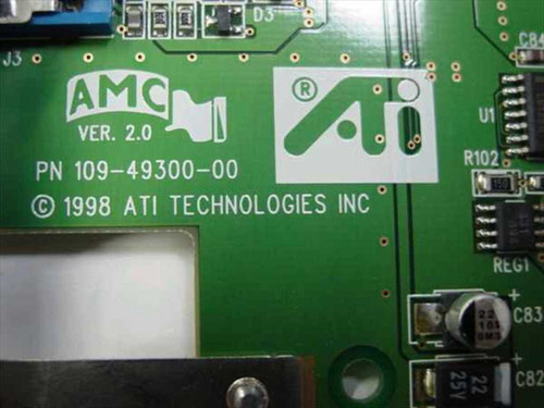 ATI Rage IIC PCB close-up showing AMC Ver. 2.0 label, part number 109-49300-00, and 1998 ATI Technologies copyright