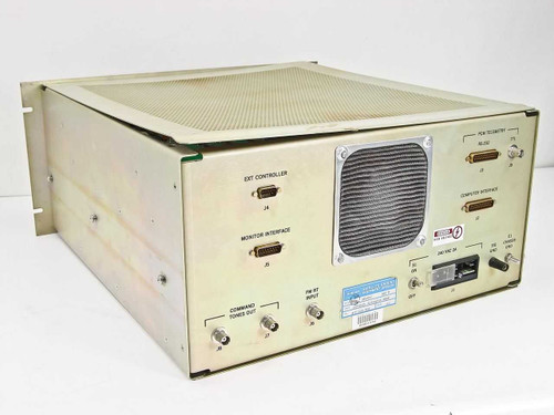 Hughes 3878523-100 Synchronous Command Generator — rear and side panel showing Ext Controller (J4), Monitor Interface (J5), Command Tones Out BNC (J7/J8), FM RT Input BNC (J6), and Hughes Satellite Ground Equipment Division label