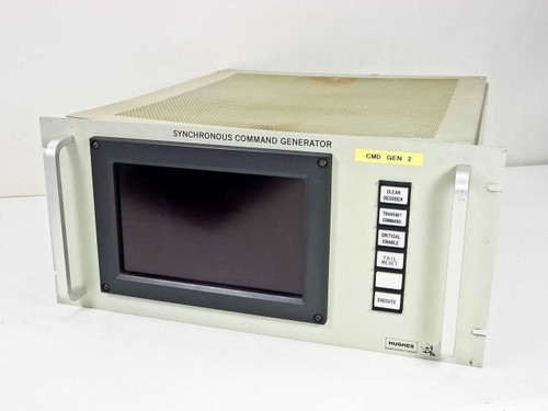 Hughes 3878523-100 Synchronous Command Generator — front panel with CRT display and CMD GEN 2 label, showing Clear Decoder, Transmit Command, Critical Enable, Fail Reset, and Execute buttons