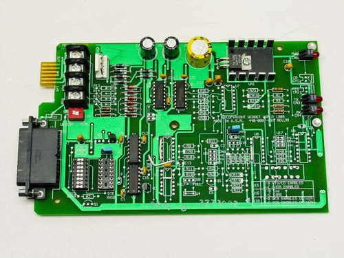 Widget World 440-0087-001 RS-232 to RS-422 Bidirectional Converter Card – top/component side view showing ICs, DB9 connector, and terminal block
