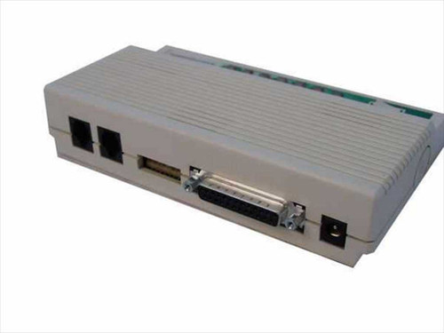 US Robotics Sportster 33.6K external fax modem – rear port view showing two RJ-11 phone jacks, DB25 serial connector, and power jack