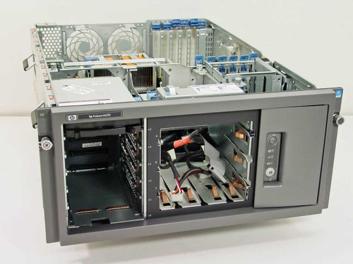 HP ProLiant ML370 tower server angled front view showing open chassis with empty drive bays and missing power supply bays