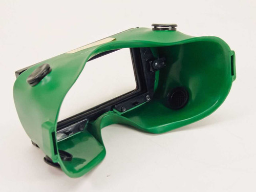F.S.C. AL-10600-20+ laser goggles – rear view showing green goggle shell interior, black lens frame hardware, and missing strap knobs