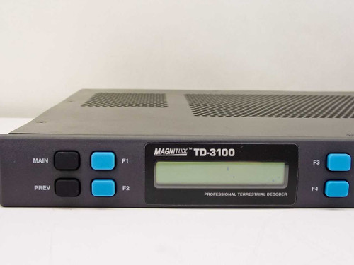 General Instrument TD-3100 Magnitude front panel close-up showing MAIN, PREV, F1-F4 function keys, LCD display, and 'Professional Terrestrial Decoder' label