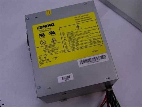 Compaq 334169-001 200W ATX power supply – top and side view showing yellow label with part number and Compaq branding