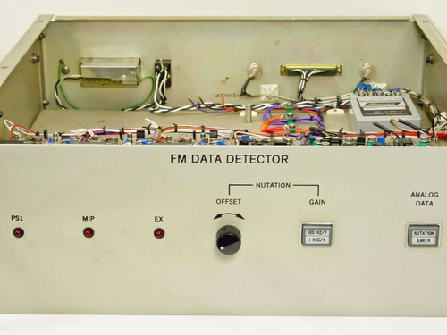 Hughes 3814120-100 FM Data Detector — front panel close-up showing PS1, MIP, EX indicators, Nutation Offset/Gain controls, and Analog Data output
