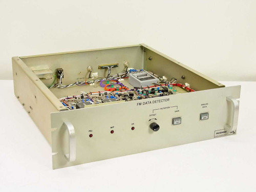 Hughes 3814120-100 FM Data Detector Galaxy Rev B — front-left three-quarter view with top cover removed showing internal PCB assembly