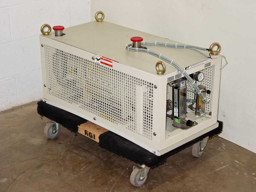 Ebara 40X20 dry vacuum pump front-left view on wheeled transport dolly with red emergency stop buttons and lifting eyes visible on top