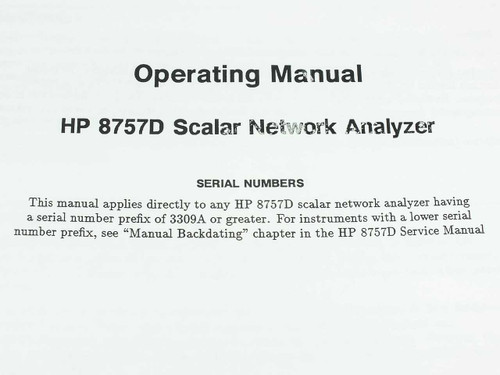 Title page of HP 8757D Operating Manual showing instrument name and serial number coverage note — SN prefix 3309A and above