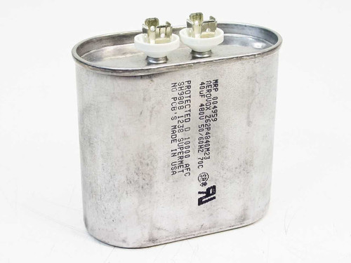 Aerovox Z62P4840M23 40uF 480V motor run capacitor — oval aluminum can body, side label view showing ratings