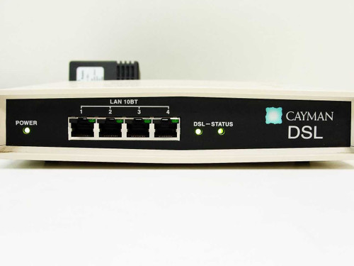 Cayman 3220-H DSL Router front panel close-up showing 4x LAN 10BT RJ45 ports numbered 1–4, Power LED, and DSL-Status LED with Cayman DSL branding