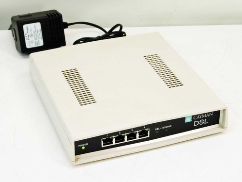 Cayman 3220-H DSL Router front three-quarter view showing front panel with 4 LAN 10BT ports and DSL-Status indicator, with APS power supply alongside