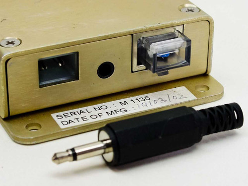 Rear panel of custom VGA adapter box showing USB-B port, optical audio port, and 3.5mm stereo jack with serial number and date of manufacture label