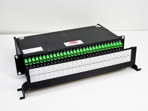 Corning EHS1AA6C06C01132 ECL Coupler Shelf front view showing 32 green SC/UPC adapter ports and labeled patch panel in 19-inch rack chassis