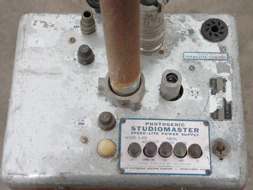 Photogenic Studiomaster S-400 power base top panel — nameplate, rotary power switch, Amphenol flash connectors, and Tripmaster control label