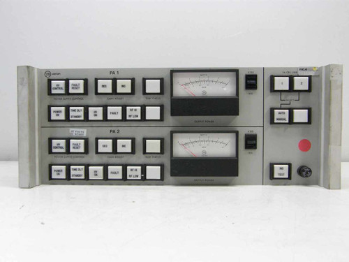 Varian VJW6767D8 front panel close-up — PA1 and PA2 sections with labeled indicator/alarm buttons, analog meters, Auto/Manual and PA On/Line selector switches