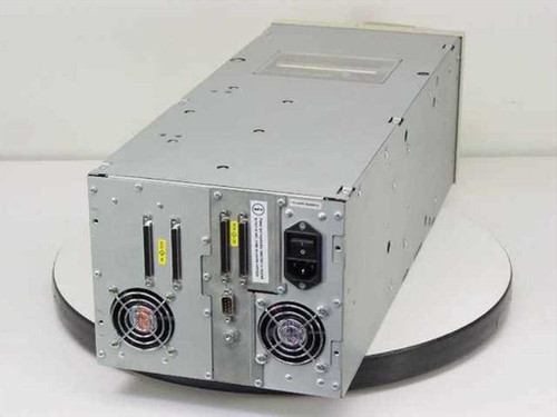 Quantum ATL PowerStor L200 DLT tape library rear view showing dual 68-pin SCSI ports, DB9 connector, IEC power inlet, and dual cooling fans