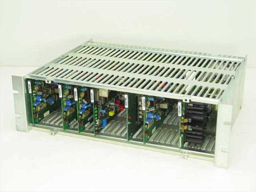 Wegener Communications 1601-54 Rev A Series 1600 mainframe front-left three-quarter view showing six plug-in cards installed in 3U rackmount chassis