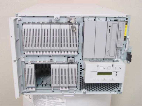 HP NetServer LH3r front view with side panel removed showing empty drive bays and optical drive bay