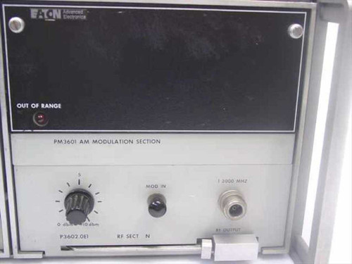 Eaton 380K11 PM3601 AM Modulation Section front panel — showing OUT OF RANGE indicator, output level knob (0 dBm to -10 dBm), MOD IN connector, 1000 MHz RF OUTPUT port, and Eaton Advanced Electronics branding