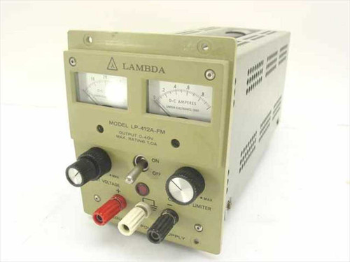 Lambda Electronics LP-412A-FM regulated DC power supply – front panel view showing dual analog meters, output voltage and current limiter knobs, ON/OFF switch, and banana binding posts