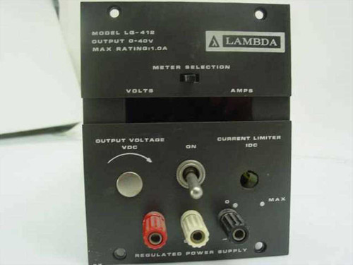 Lambda LQ-412 Regulated Power Supply – direct front panel view showing OUTPUT VOLTAGE VDC control, ON toggle, CURRENT LIMITER IDC knob, METER SELECTION switch, VOLTS and AMPS labels, and banana binding posts