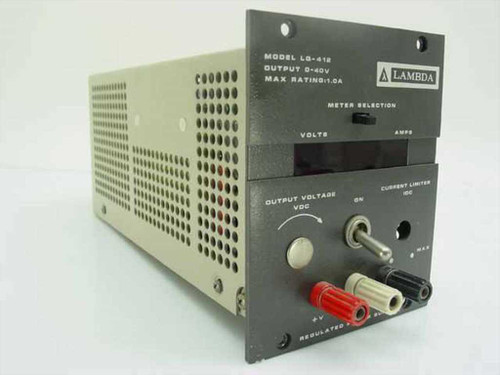 Lambda Electronics LQ-412 Regulated Power Supply – three-quarter front-right view showing front panel with output voltage knob, ON switch, current limiter, banana binding posts, and meter selection switch