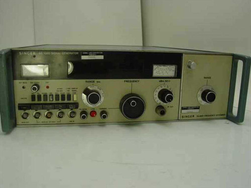 Singer SG-1000 Signal Generator front panel with SG-1001 Frequency Extender attached at right — range and frequency controls, output meters, and toggle switches visible