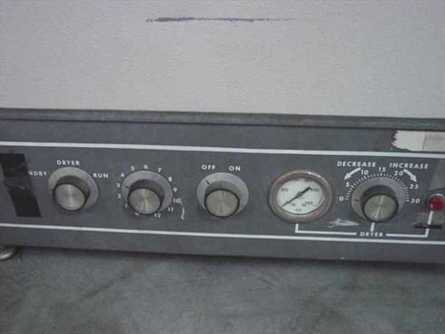 Recordak Prostar DVR film processor – close-up of front control panel showing dryer switch, speed dial, pressure gauge, and dryer increase/decrease knob