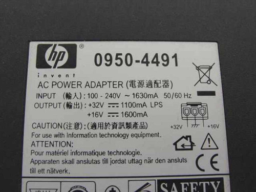 HP 0950-4491 AC Power Adapter label showing 100-240V input and dual +32V/+16V output specs