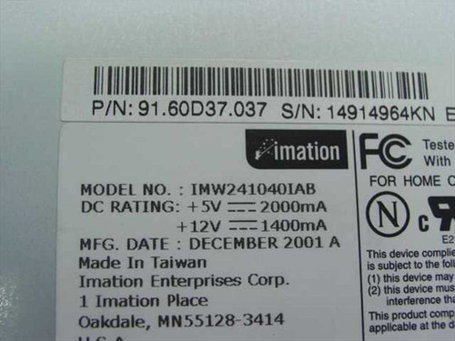 Imation IMW241040IAB label showing model number, P/N 91.60D37.037, DC rating, and December 2001 manufacture date