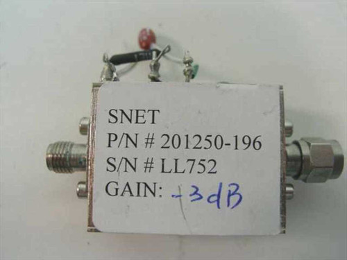 SNET 201250-196 amplitude limiter top view showing label with P/N, S/N LL752, and -3dB gain marking