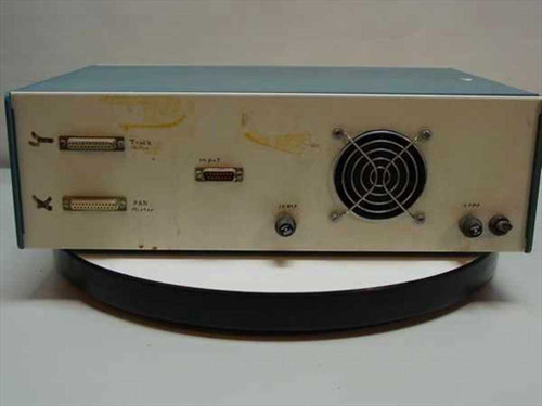 Superior Electric Modulynx DRD001 rear panel showing two DB25-style connectors labeled Track and PAN, DB9 Input connector, AC mains inputs, and rear cooling fan