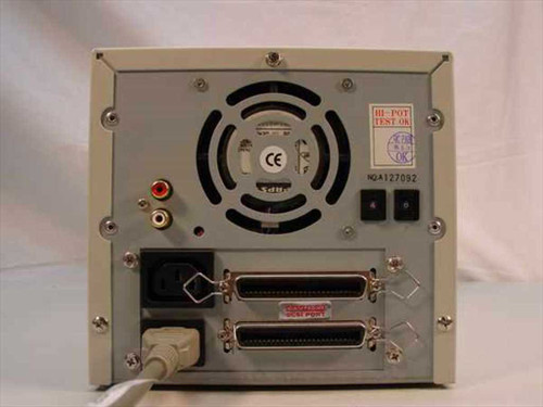 Archive 4586NP External DAT Drive – rear panel showing dual SCSI-2 ports, RCA audio inputs, fan, and IEC power inlet