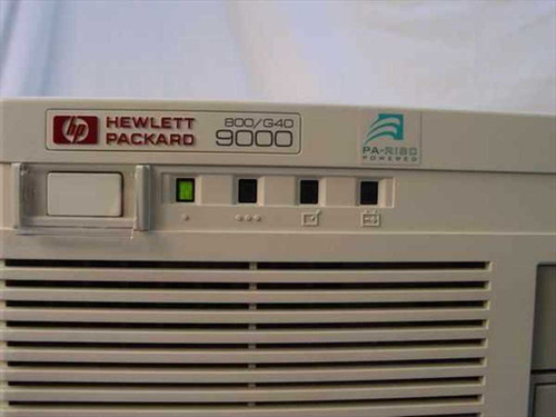 HP 9000 800/G40 front panel closeup showing Hewlett Packard branding, PA-RISC logo, power button, and status indicator LEDs