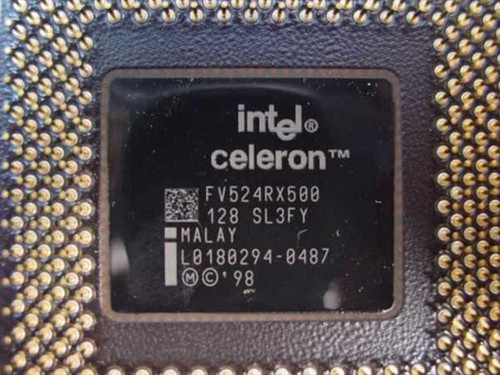 Intel Celeron FV524RX500 SL3FY processor – close-up of top label showing model number, S-Spec, and 1998 date code