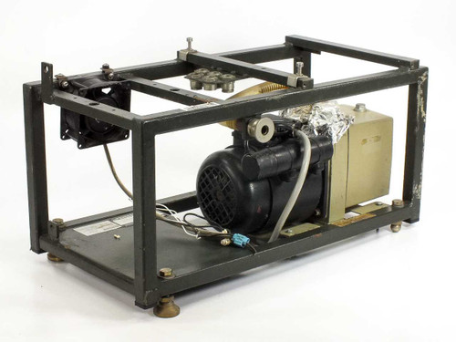 Pfeiffer Duo 1.5A vacuum pump PKD40603 in steel enclosure – rear-right angle view showing motor, oil reservoir, and cooling fan