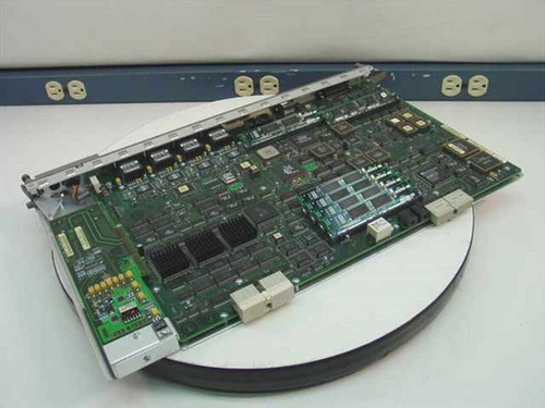 Bay Networks Nortel 5724M ATM Switch MCP Host Module — angled reverse top view showing full underside of PCB with ICs, heatsinks, and memory modules visible