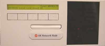 Micom 5000 Marathon Network Node close-up of front panel LCD showing status text, push-button controls, and 5K Network Node label