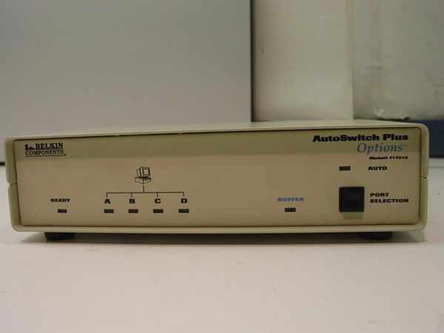 Belkin F1T015 AutoSwitch Plus front panel showing READY indicators for ports A B C D, BUFFER LED, AUTO mode, and PORT SELECTION button
