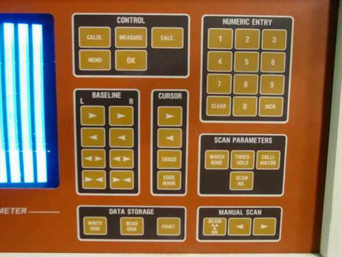 Norland N2780X3 Bone Densitometer — close-up of front panel showing Control, Numeric Entry, Baseline, Cursor, Scan Parameters, Data Storage, and Manual Scan button sections