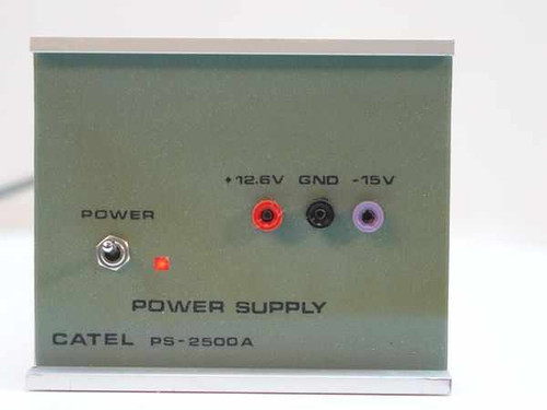 Catel PS-2500A power supply front panel closeup — toggle power switch, red power LED, and +12.6V, GND, -15V banana jack outputs labeled