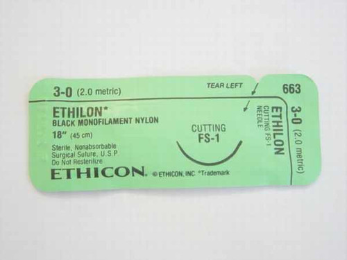 Ethicon 663 Ethilon 3-0 Black Monofilament Nylon Suture 18in with FS-1 Cutting Needle — front of sealed sterile packet