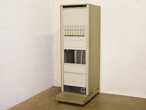 HP 7418A full-height rack cabinet chart recorder system – right-angle front/side view showing full enclosure with plug-in modules installed