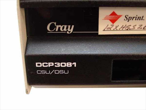Datatel DCP3081 CSU/DSU close-up of front panel model label showing 'Cray DCP3081 CSU/DSU' with Sprint service tag sticker