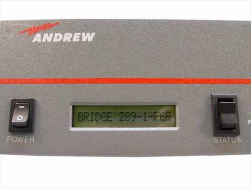 Andrew Bridgeport 7606 close-up of front panel LCD display reading BRIDGE 289-1-F6F with POWER and STATUS rocker switches