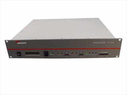 Andrew Bridgeport 7606 Network Ring Controller — front panel overview showing POWER switch, LCD display, STATUS switch, ring ports, and control port in 19-inch rackmount chassis