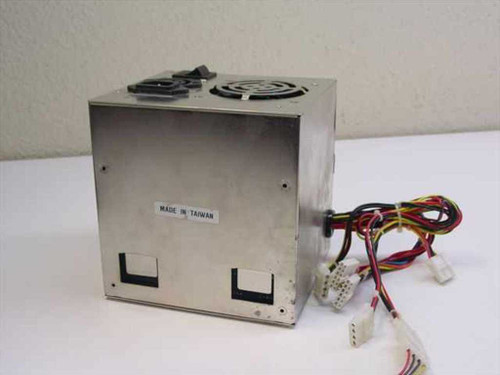 DVE DSP-1454C AT Power Supply – rear view showing Made in Taiwan label, dual fan cutouts, and Molex output connectors with wiring