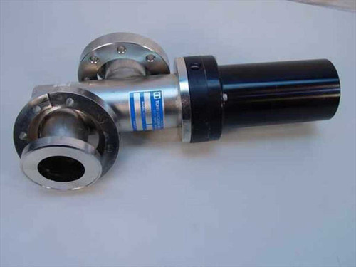 Torr Vacuum Products RBS-22A right-angle flow control valve – front-left view showing stainless flanges and black pneumatic actuator