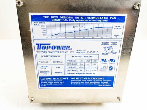 Topower TOP-RS1A label closeup showing model number, AC input specs 115/230V 8/4A and DC output voltage ratings